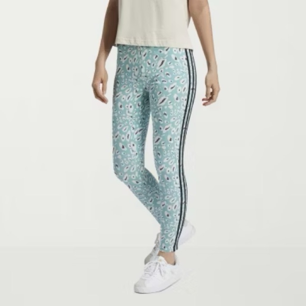 Adidas Essential 3 Black Stripe Blue Animal Print Leggings NWT Small